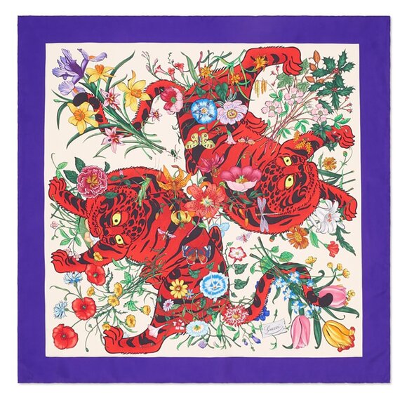 GUCCI SCARF SILK TIGER ICONIC FLORA PRINT SQUARE VIBRANT FOULARD 35" - Picture 2 of 16